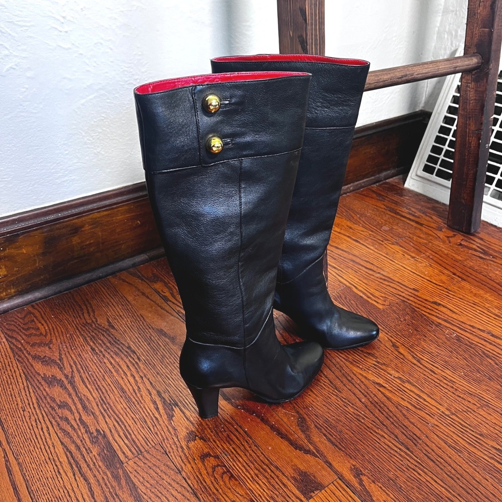 Kate Spade New York Black Leather Tall Boots Gold Button Red Lining 8M Brazil - Picture 3 of 12